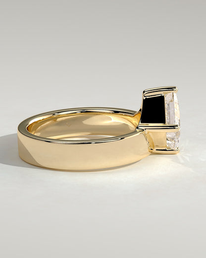 Vicki - Asscher Claw Solitaire with Offset Setting and Flat Cigar Band Engagement Ring - Yellow Gold