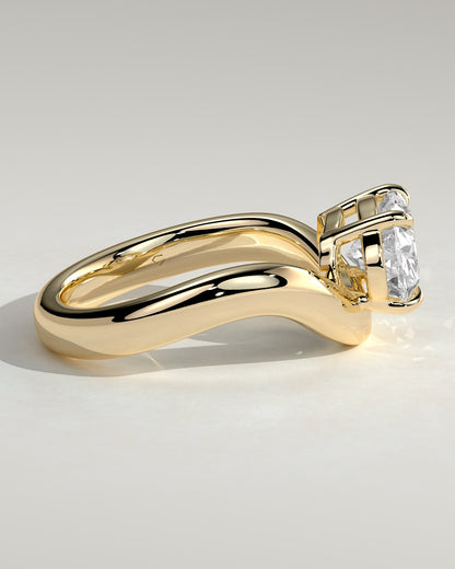 Hayley - Oval East West Claw Solitaire with Wave Band Engagement Ring - Yellow Gold