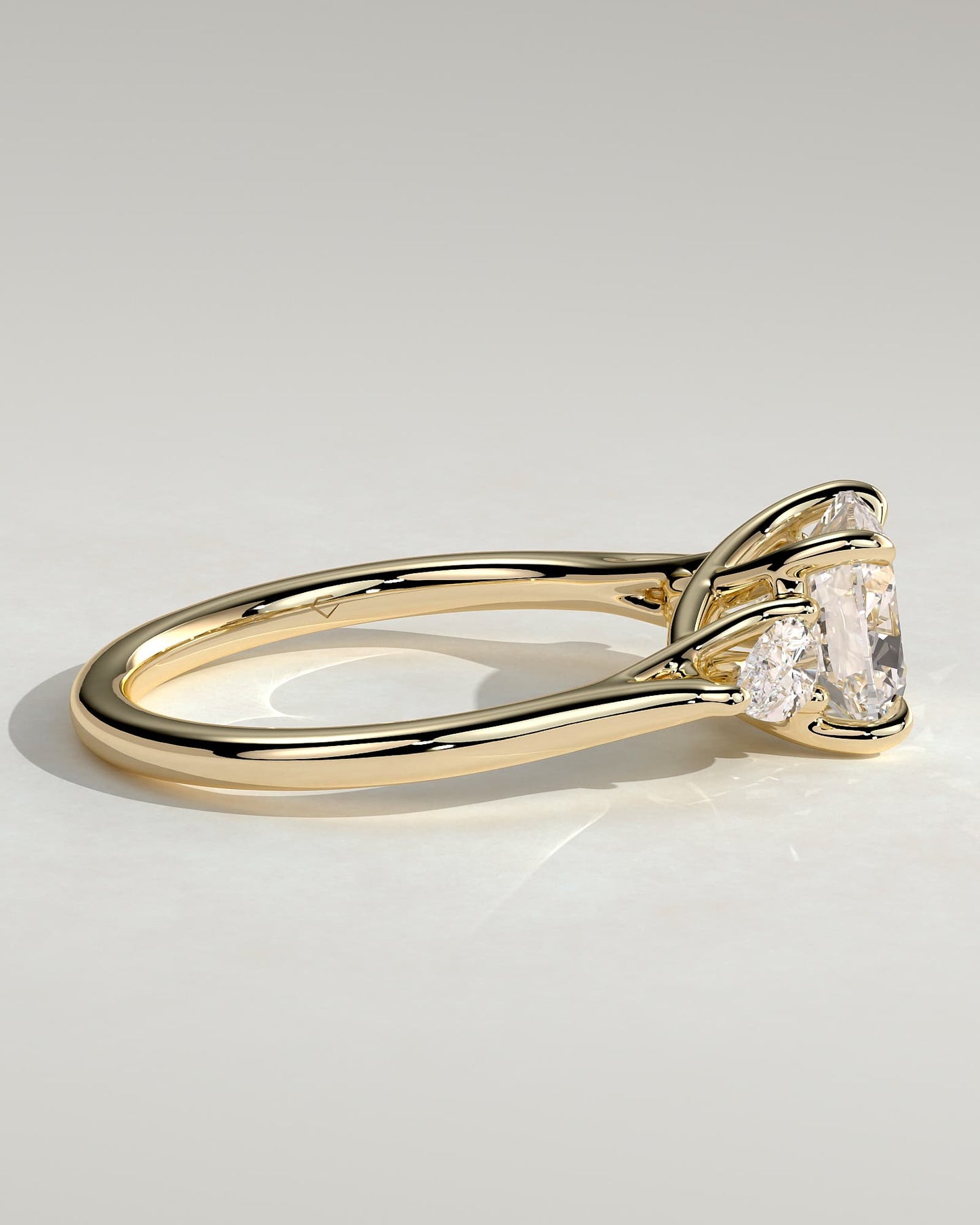 Selena - Cushion Claw Trilogy with Pear Side Stones and Open Trellis Gallery Engagement Ring - Yellow Gold