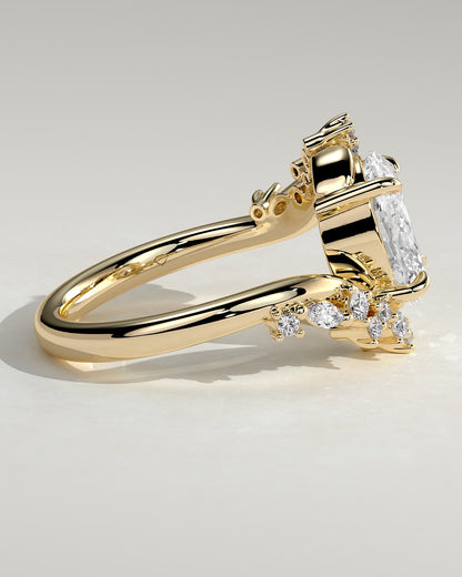 Ezmerelda - Oval Claw Solitaire with Bypass Band and Clustered Round-Marquise Accent Stones Engagement Ring - Yellow Gold