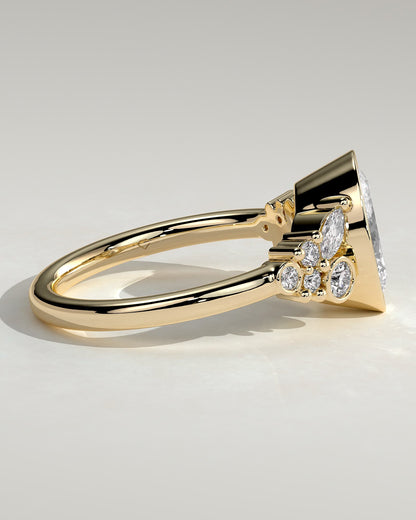 Isabella - Oval Bezel Solitaire with Clustered Round-Marquise Mixed Set Shoulder Stones Engagement Ring - Yellow Gold