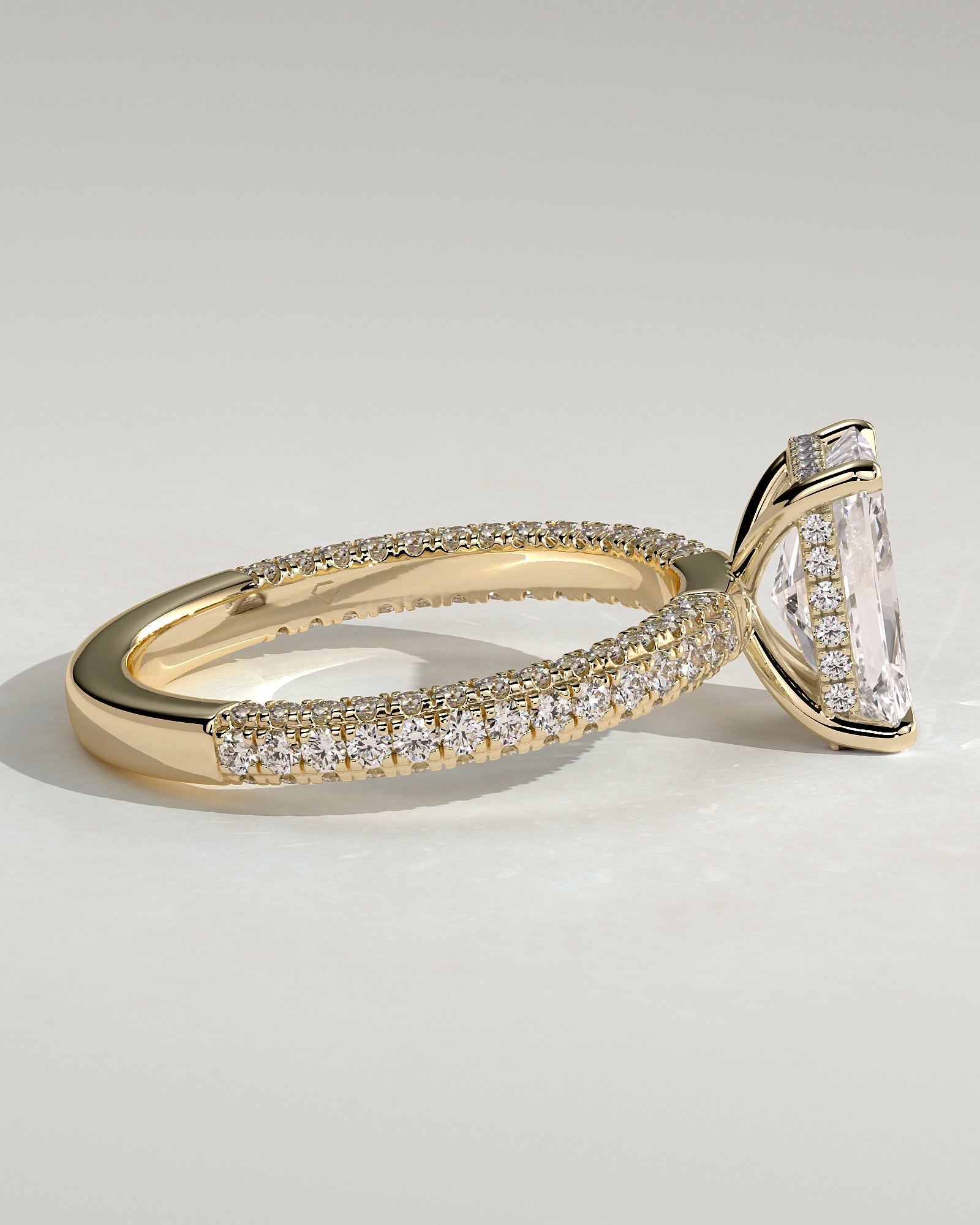 Irene - Radiant Claw Solitaire with Hidden Halo and Triple Pave Band Engagement Ring - Yellow Gold - Yellow Gold 2ct