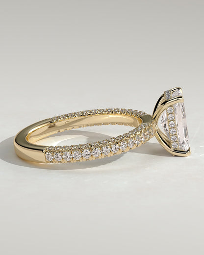 Irene - Radiant Claw Solitaire with Hidden Halo and Triple Pave Band Engagement Ring - Yellow Gold