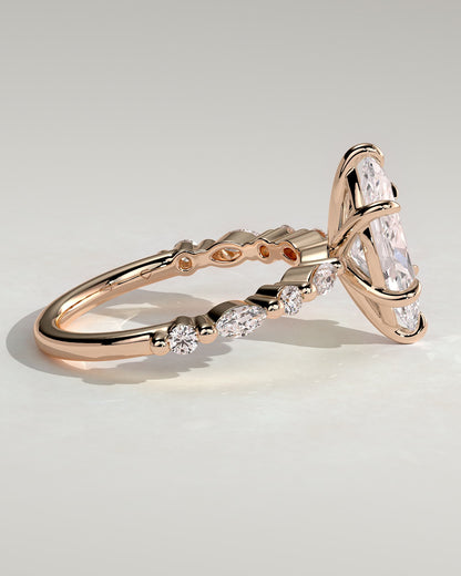 Beatrice - Marquise Claw Solitaire with Marquise and Round Accent Stones Engagement Ring - Rose Gold