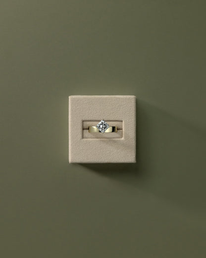 Vicki - Asscher Claw Solitaire with Offset Setting and Flat Cigar Band Engagement Ring - Yellow Gold