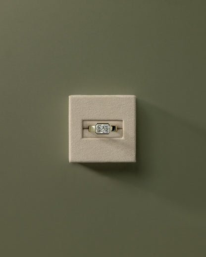 Frankie - Statement Radiant East West Bezel Solitaire with Flat Cigar Band Engagement Ring - Yellow Gold