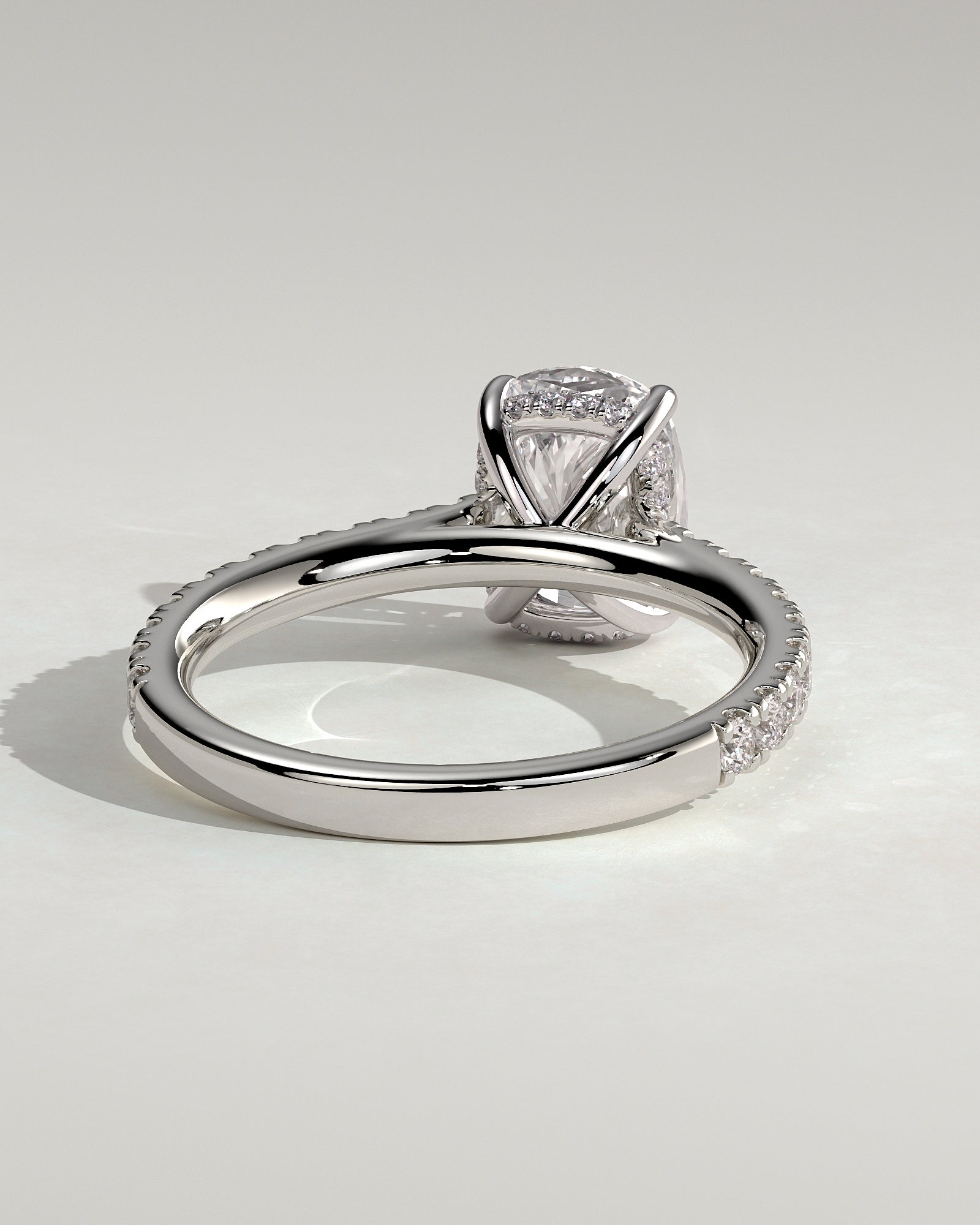 Annika - Elongated Cushion Claw Solitaire with Hidden Halo, Pave Band and Cathedral High Setting Engagement Ring - Platinum - White Gold / Platinum 2ct