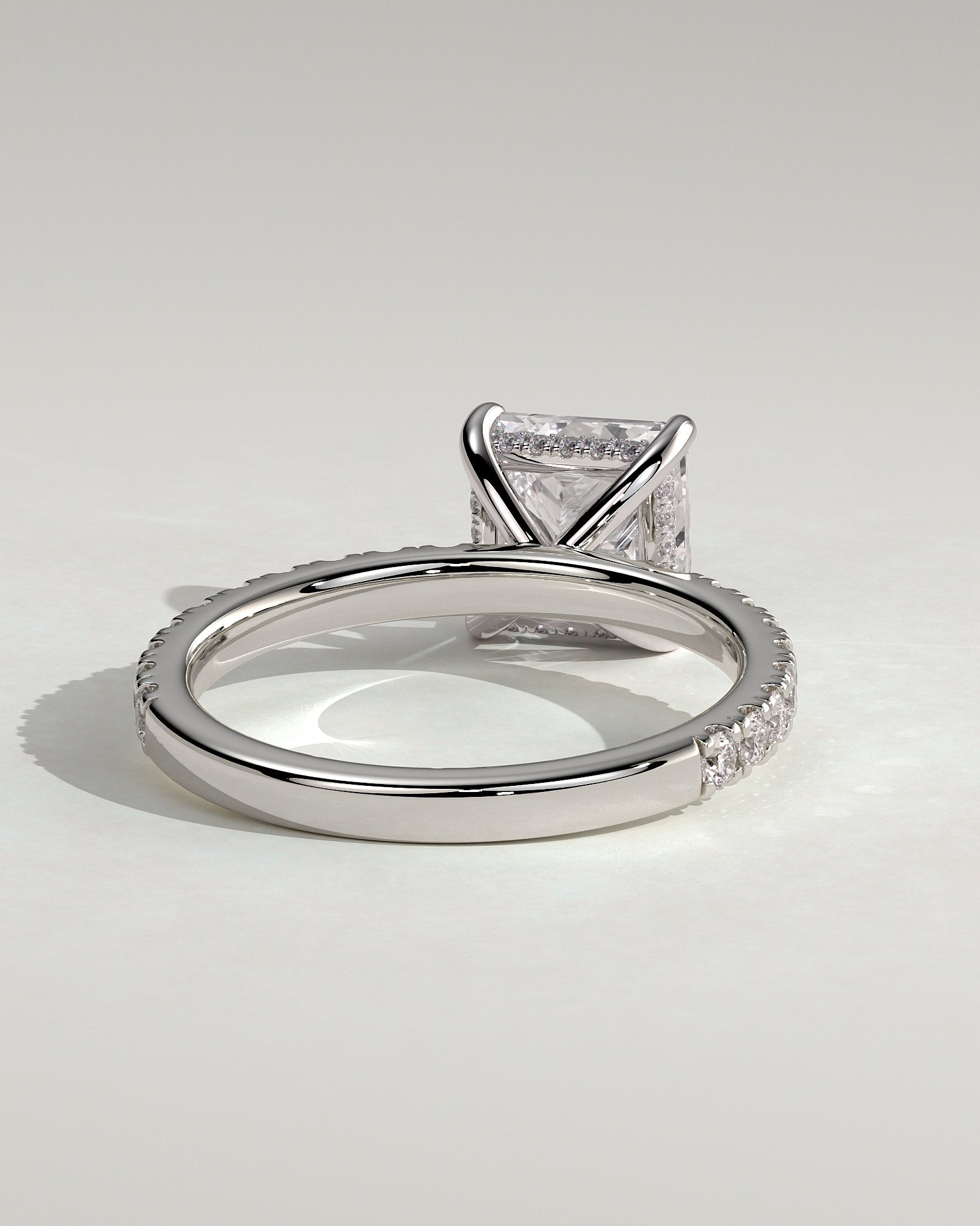 Annie - Princess Claw Solitaire with Hidden Halo and Pave Band Engagement Ring - Platinum - White Gold / Platinum 2ct