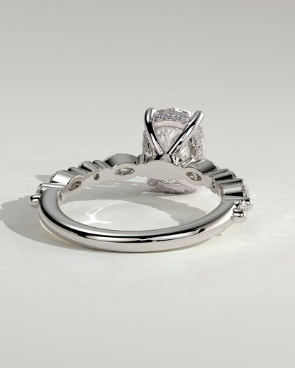 Cali - Elongated Cushion Claw Solitaire with Marquise-Round Accent Stones and Hidden Halo Engagement Ring - Platinum