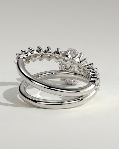 Athena - Oval Claw Solitaire with Double Plain-and-Round-Accent Stones Band Engagement Ring - White Gold