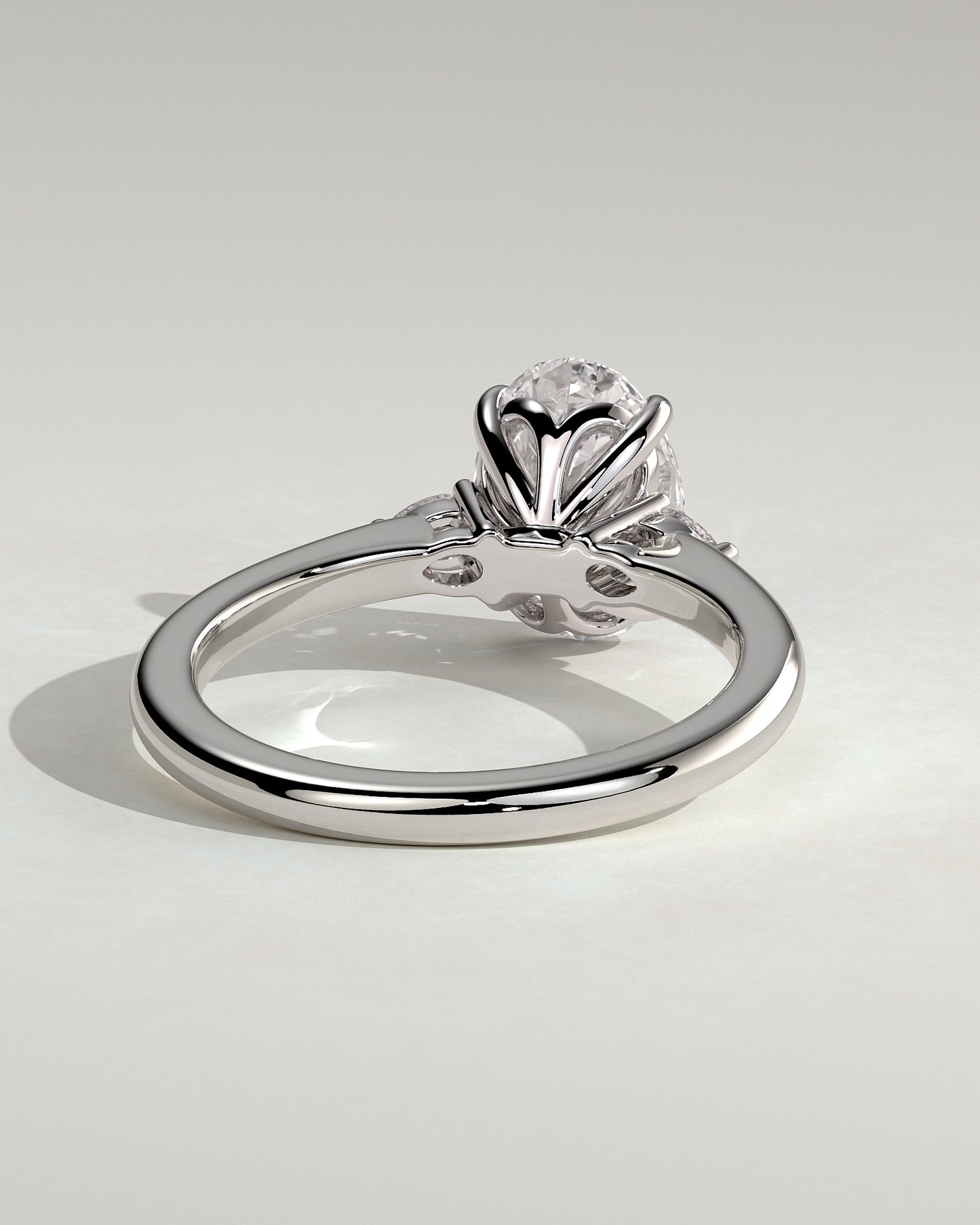 Elena - Oval Claw Trilogy with Pear Side Stones and Tulip Detail Engagement Ring - Platinum - White Gold / Platinum 2ct