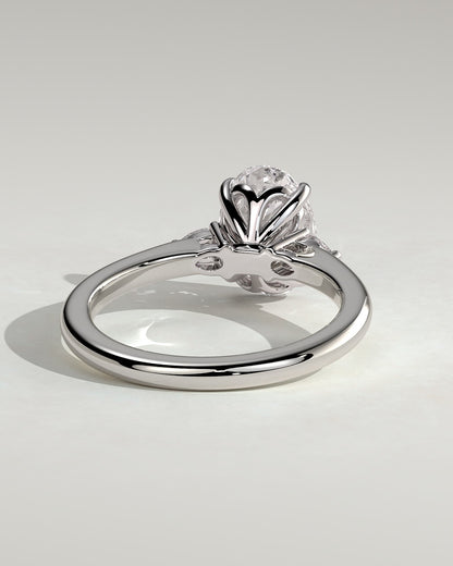 Elena - Oval Claw Trilogy with Pear Side Stones and Tulip Detail Engagement Ring - White Gold