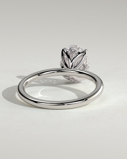 Ivy - Oval Claw Solitaire with Petal Gallery and Accented Tiara Detail Engagement Ring - Platinum