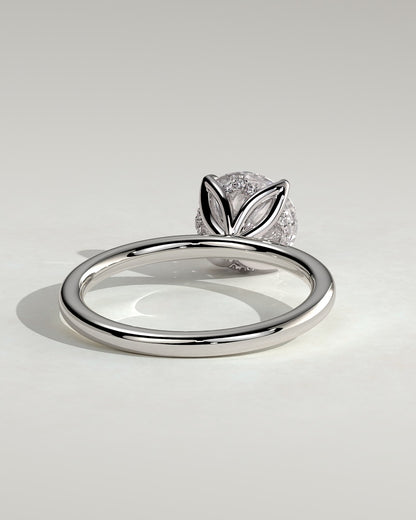 Dahlia - Round Claw Solitaire with Petal Gallery and Accented Tiara Detail Engagement Ring - White Gold