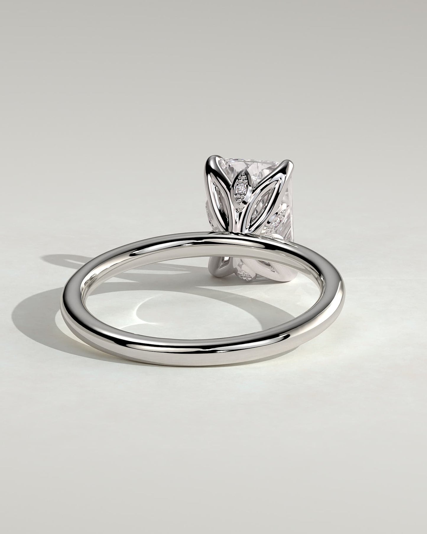 Evie - Radiant Claw Solitaire with Petal Gallery and Accent Leaf Detail Engagement Ring - White Gold