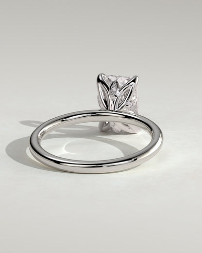 Evie - Radiant Claw Solitaire with Petal Gallery and Accent Leaf Detail Engagement Ring - White Gold