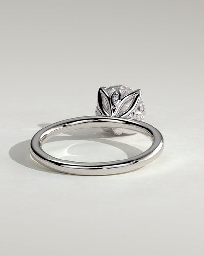 Joy - Round Claw Solitaire with Petal Gallery and Accent Leaf Detail Engagement Ring - Platinum