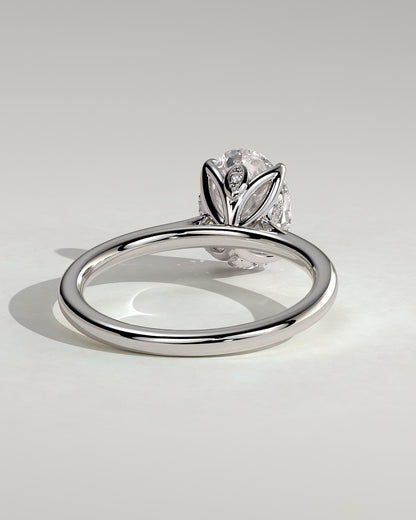 Erica - Oval Claw Solitaire with Petal Gallery, Accent Leaf Detail and Cathedral Setting Engagement Ring - White Gold