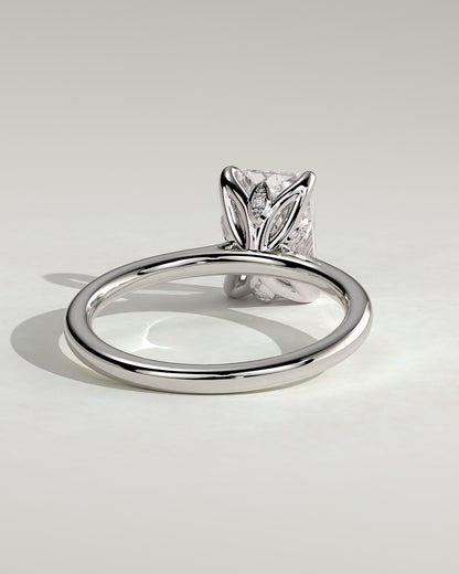 Harriet - Radiant Claw Solitaire with Petal Gallery, Accent Leaf Detail and Cathedral Setting Engagement Ring - Platinum