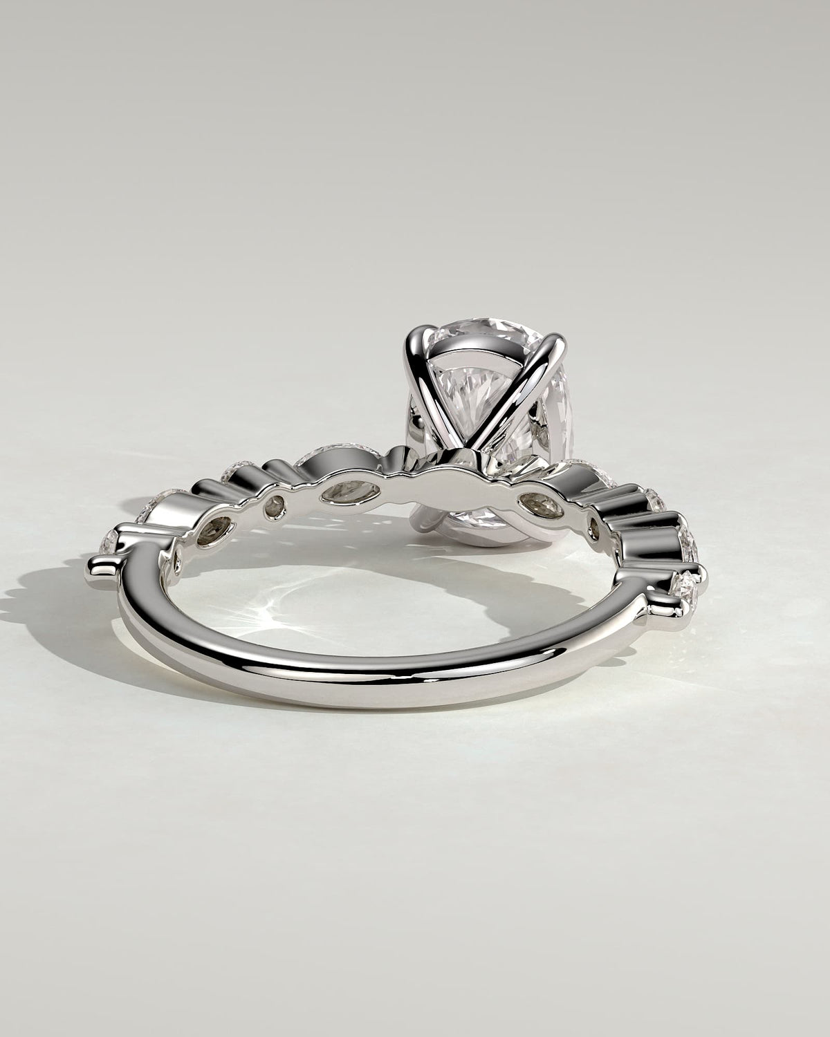 Delphine - Elongated Cushion Claw Solitaire with Marquise and Round Accent Stones Engagement Ring - White Gold
