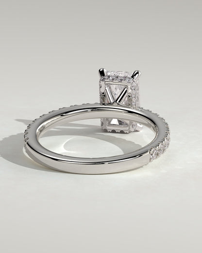 Ellie - Radiant Claw Solitaire with Wrap Around Hidden Halo and Pave Band Engagement Ring - Platinum