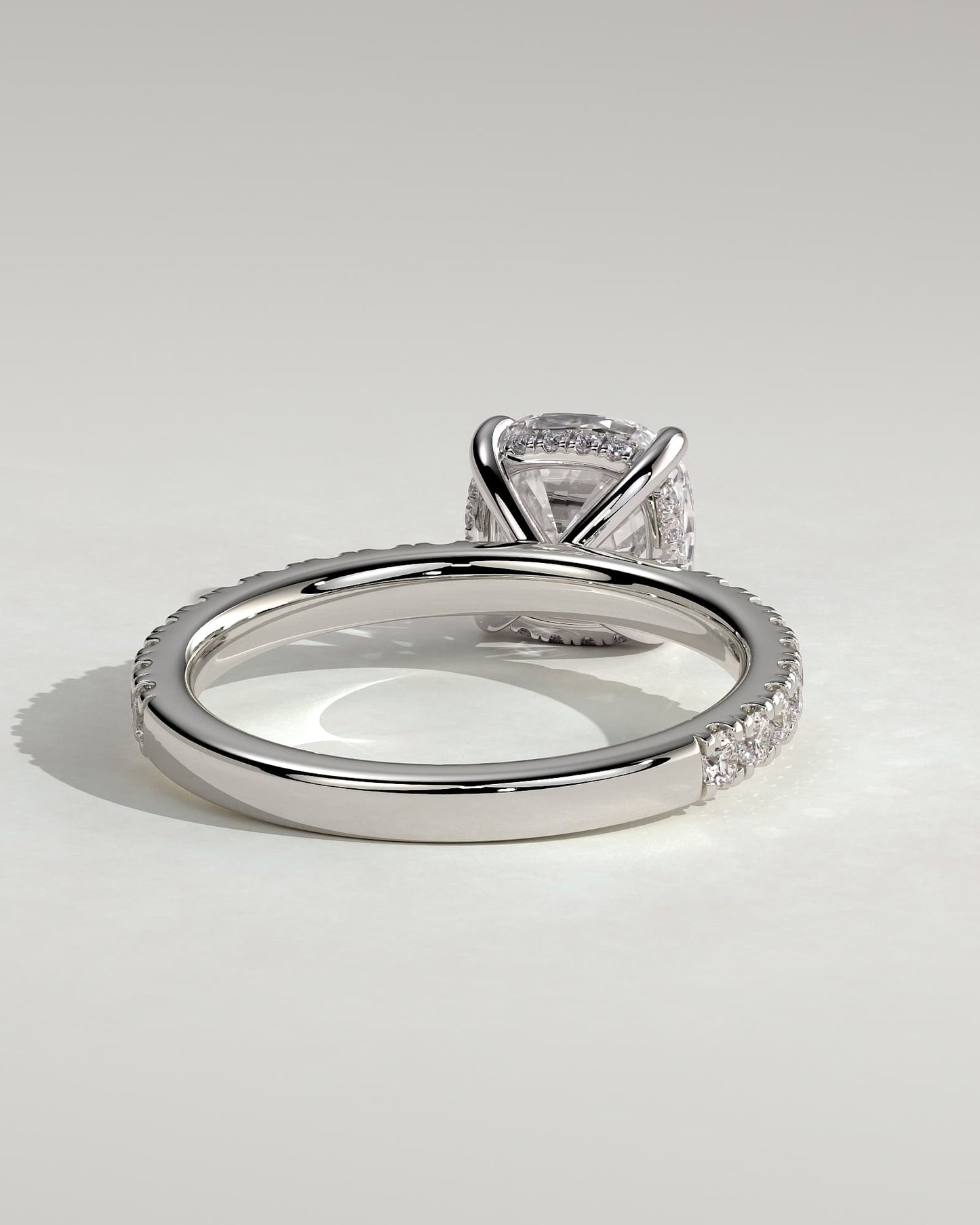 Claudia - Cushion Claw Solitaire with Hidden Halo and Pave Band Engagement Ring - White Gold