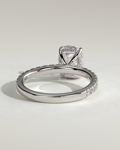 Camilla - Elongated Cushion Claw Solitaire with Hidden Halo and Pave Band Engagement Ring - White Gold