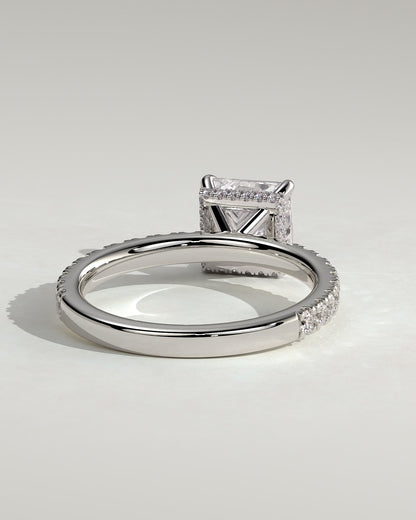Brooklyn - Princess Claw Solitaire with Wrap Around Hidden Halo and Pave Band Engagement Ring - Platinum