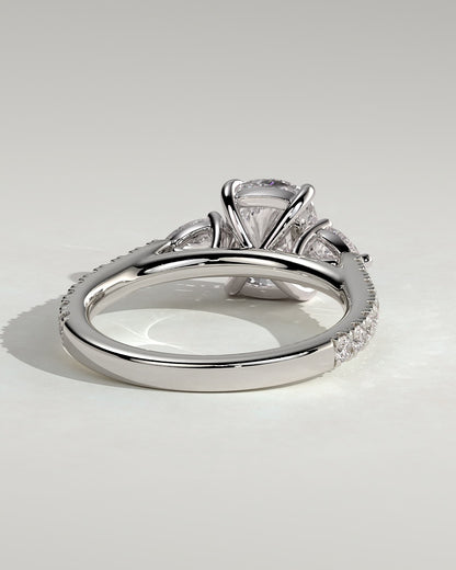 Bree - Elongated Cushion Claw Trilogy with Pear Side Stones and Pave Band Engagement Ring - White Gold