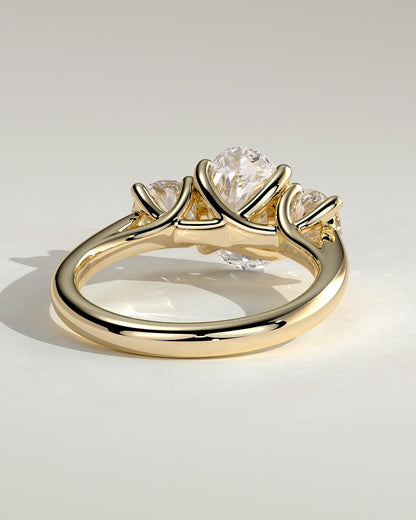 Grace - Oval Claw Trilogy with Round Side Stones, Open Trellis Gallery and Tapered Band Engagement Ring - Yellow Gold