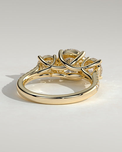 Ella - Round Claw Trilogy with Round Side Stones, Pave Band and Trellis Gallery  Engagement Ring - Yellow Gold