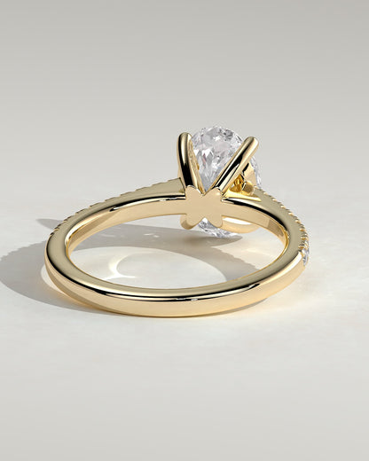 Eloise - Oval Claw Solitaire with Pave Band and Solid Cathedral Low Setting Engagement Ring - Yellow Gold