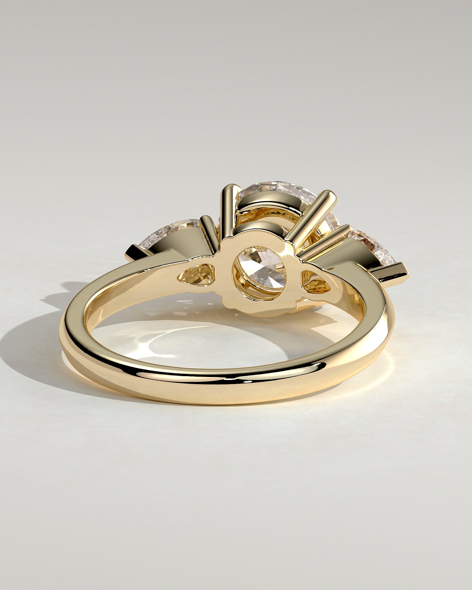Halle - Round Claw Trilogy with Pear Side Stones and Knife Edge Band Engagement Ring - Yellow Gold - Yellow Gold 2ct