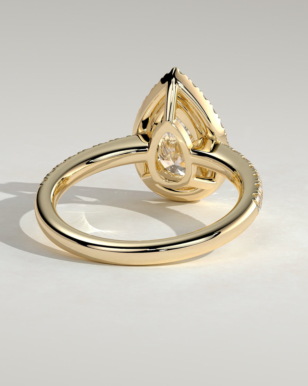 Kirsten - Pear Claw Solitaire with Pave Band and Halo and Low Setting Engagement Ring - Yellow Gold