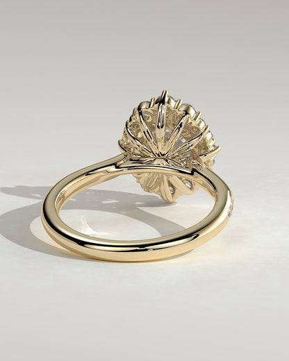 Jessica - Round Claw Solitaire with Graduating Halo and Bead Set Micropave and Tapered Band Engagement Ring - Yellow Gold