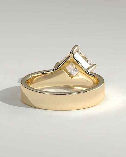 Vicki - Asscher Claw Solitaire with Offset Setting and Flat Cigar Band Engagement Ring - Yellow Gold