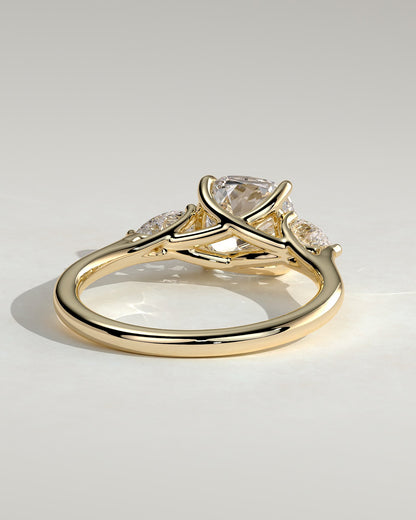 Selena - Cushion Claw Trilogy with Pear Side Stones and Open Trellis Gallery Engagement Ring - Yellow Gold