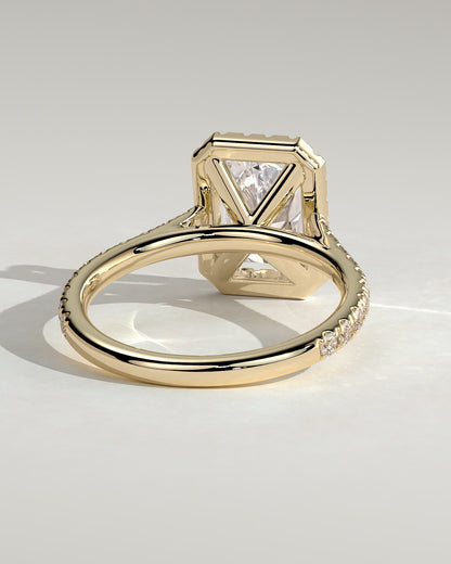 Clementine - Radiant Claw Solitaire with Halo and Pave Band and Cathedral High Setting Engagement Ring - Yellow Gold