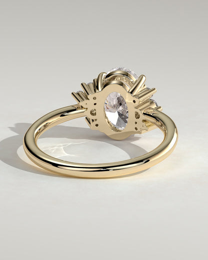 Esther - Oval Claw Solitaire with Clustered Round Opposing Shoulder Stones Engagement Ring - Yellow Gold