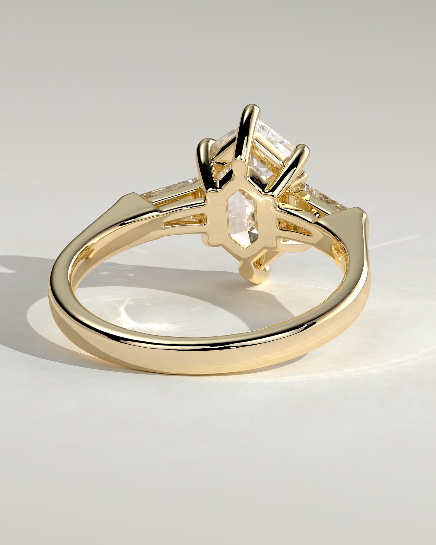 Myrtle - Elongated Hexagon Claw Trilogy with Tapered Baguette Side Stones and Cathedral Setting Engagement Ring - Yellow Gold