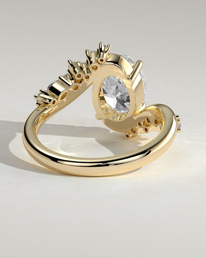Ezmerelda - Oval Claw Solitaire with Bypass Band and Clustered Round-Marquise Accent Stones Engagement Ring - Yellow Gold