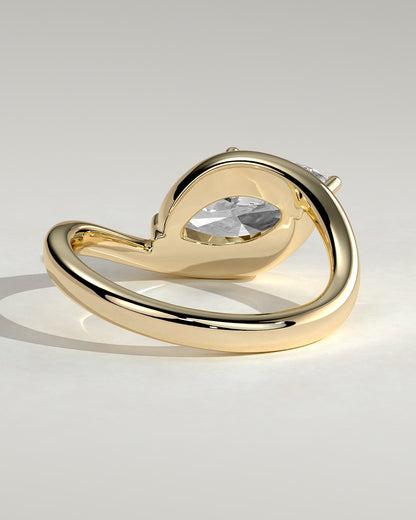 Beverly - Marquise East West Claw Solitaire with Bypass Band  Engagement Ring - Yellow Gold