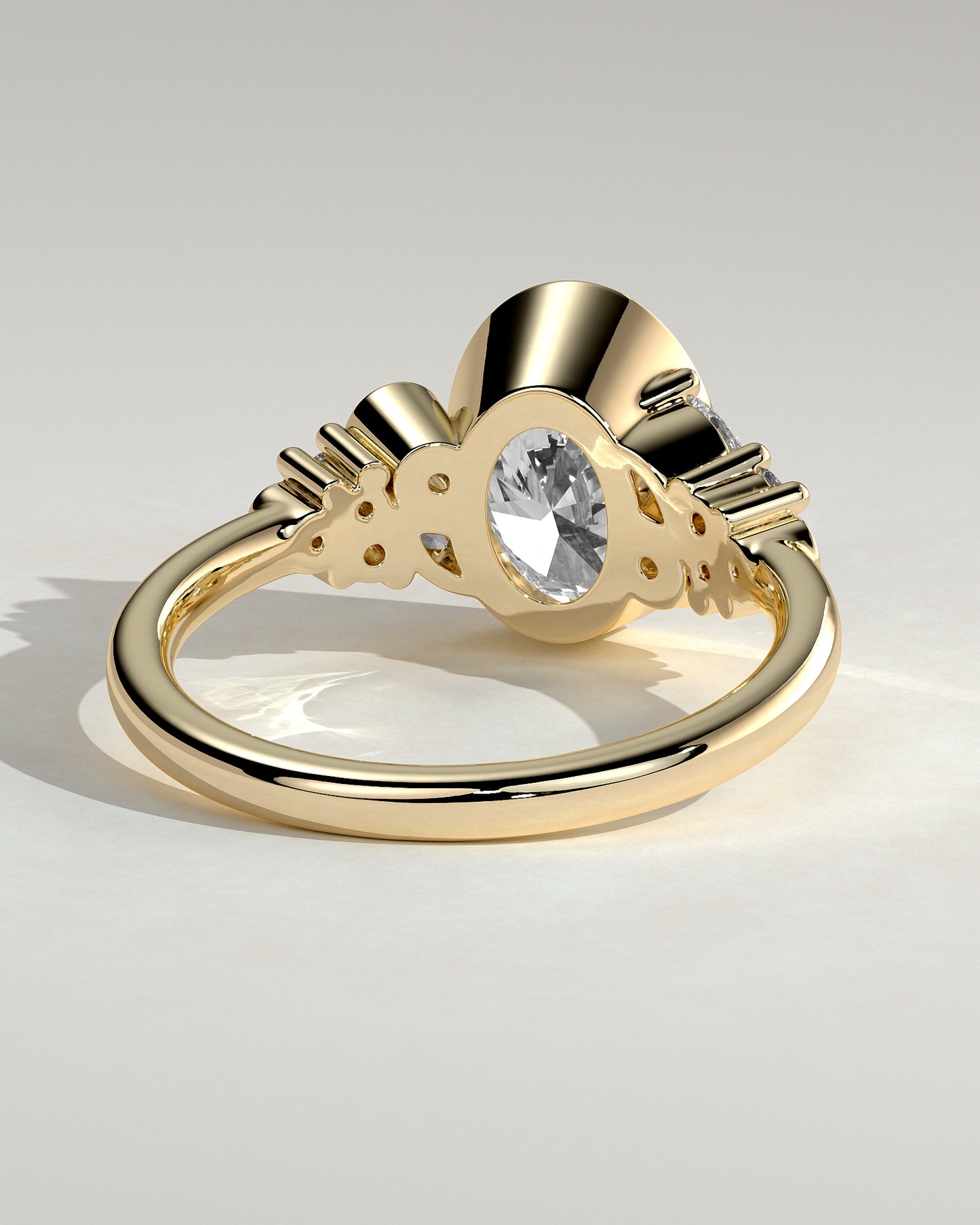 Isabella - Oval Bezel Solitaire with Clustered Round-Marquise Mixed Set Shoulder Stones Engagement Ring - Yellow Gold - Yellow Gold 2ct