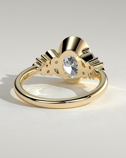 Isabella - Oval Bezel Solitaire with Clustered Round-Marquise Mixed Set Shoulder Stones Engagement Ring - Yellow Gold