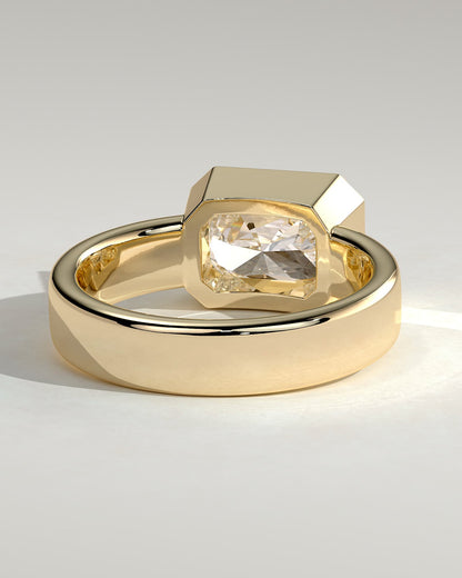 Frankie - Statement Radiant East West Bezel Solitaire with Flat Cigar Band Engagement Ring - Yellow Gold