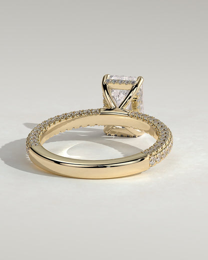 Irene - Radiant Claw Solitaire with Hidden Halo and Triple Pave Band Engagement Ring - Yellow Gold