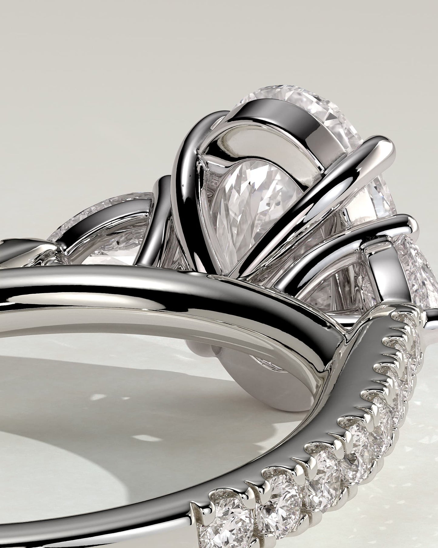 Arabella - Oval Claw Trilogy with Pear Side Stones and Pave Band Engagement Ring - White Gold - white gold - Lara Jewels