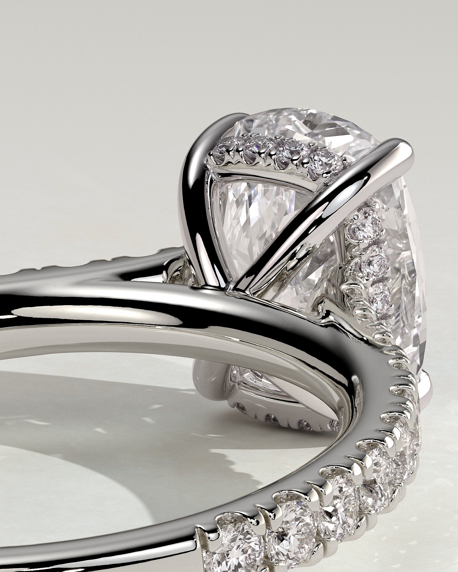Annika - Elongated Cushion Claw Solitaire with Hidden Halo, Pave Band and Cathedral High Setting Engagement Ring - Platinum - White Gold / Platinum 2ct