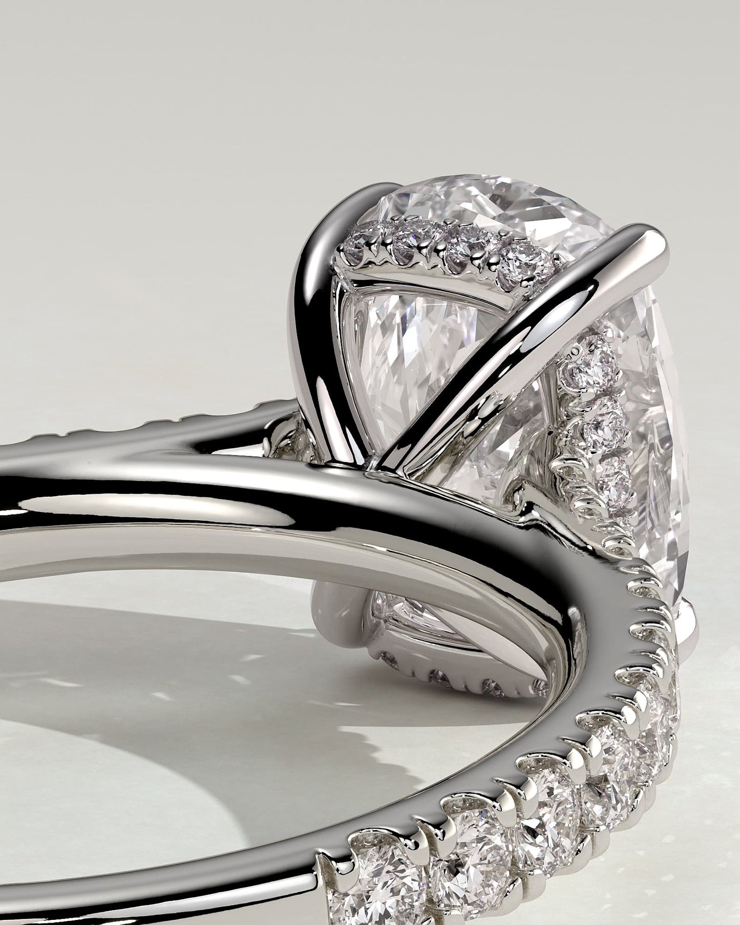Annika - Elongated Cushion Claw Solitaire with Hidden Halo, Pave Band and Cathedral High Setting Engagement Ring - White Gold