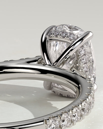 Annika - Elongated Cushion Claw Solitaire with Hidden Halo, Pave Band and Cathedral High Setting Engagement Ring - White Gold